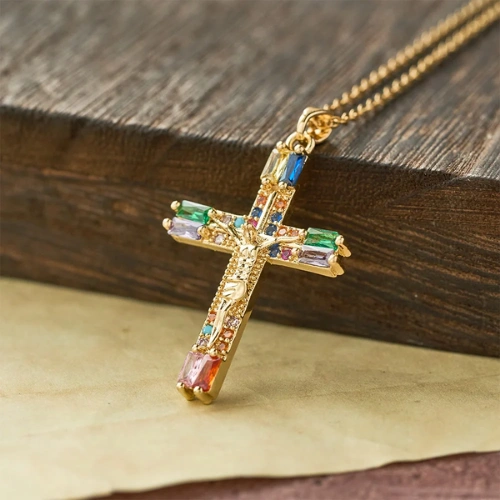Christianartworkshop Retro Bohemian Style Colored Zirconia Cross Titanium Steel Necklace